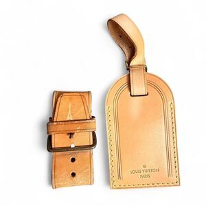 Authentic Louis Vuitton Vachetta Leather Luggage Tag Strap Set Made France
